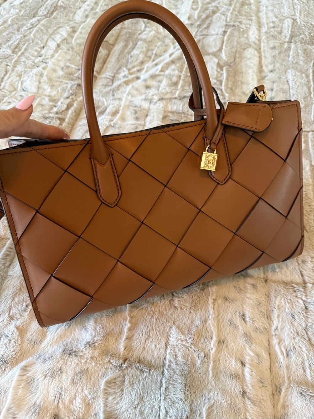 Michael Kors Woven Satchel in Cognac Brown with Gold Accent